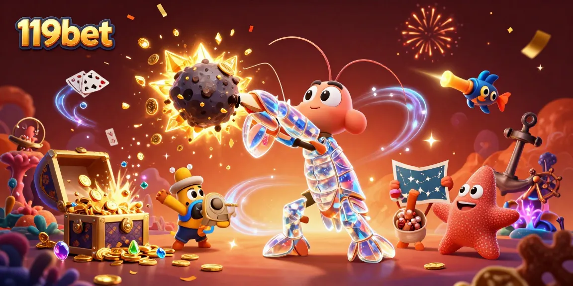Play thrilling games with 119bet in an explosion of golden coins and gems, showcasing vibrant 3D casino action.