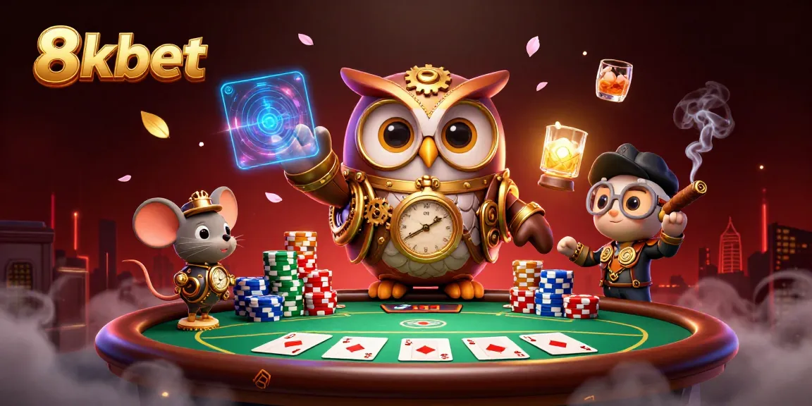 Experience the thrilling excitement of 8xbet with a vibrant casino scene featuring a time-traveling owl and poker elements.