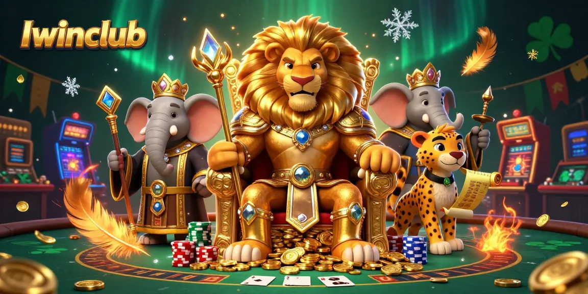 Iwinclub showcases a vibrant scene featuring a king lion, wise elephant, and swift cheetah in a dynamic casino setting.