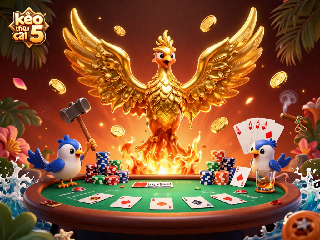 Engage with kèo nhà cái 5 through a vibrant casino scene featuring a molten phoenix and poker elements.