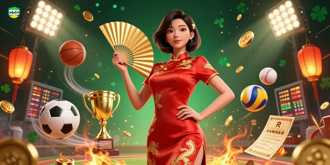 Join the thrill of mb66 with a vibrant casino scene featuring sports elements and a confident Asian character.