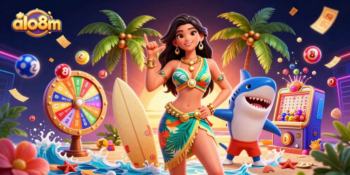 Engage with thrilling slot and lottery fun at alo8m featuring a glamorous beach scene.