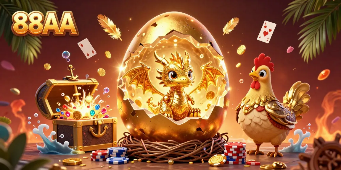 Play at 88AA and witness the golden dragon and poker chips amidst a vivid casino adventure.