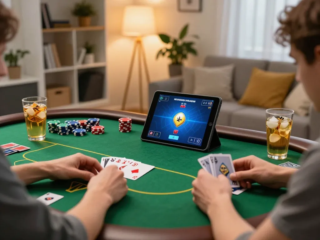 king33 players enjoying an online poker game with colorful chips and cozy home vibes