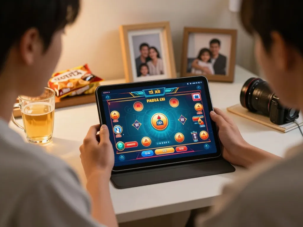 Engaging in tài xỉu online with a tablet, colorful interface showcasing a cozy gaming atmosphere