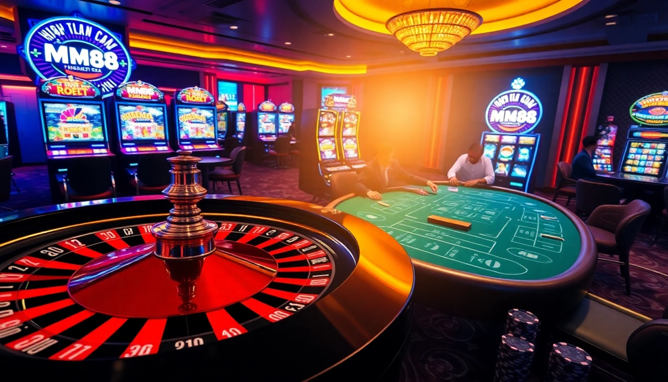 Engage in thrilling gameplay at MM88's dynamic casino tables with poker chips and a roulette wheel.