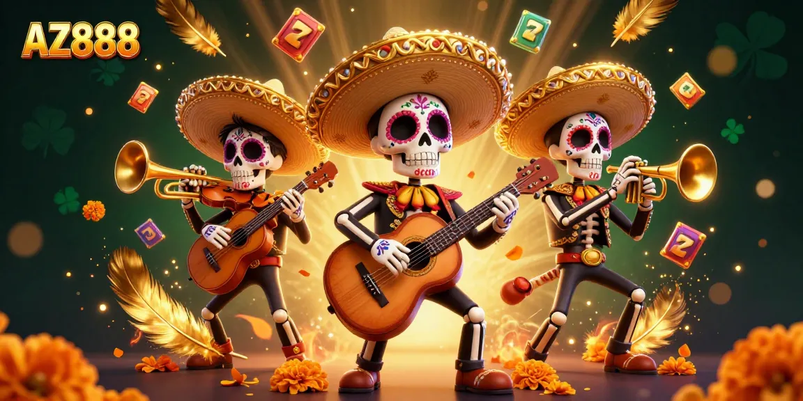 Experience jackpots at AZ888 with a vibrant Day of the Dead mariachi band amidst exciting slot elements.