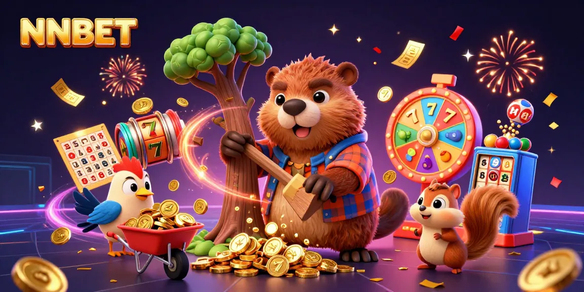Experience the excitement of NNBET with a cartoon beaver and friends celebrating jackpots with gold coins and colorful casino elements.