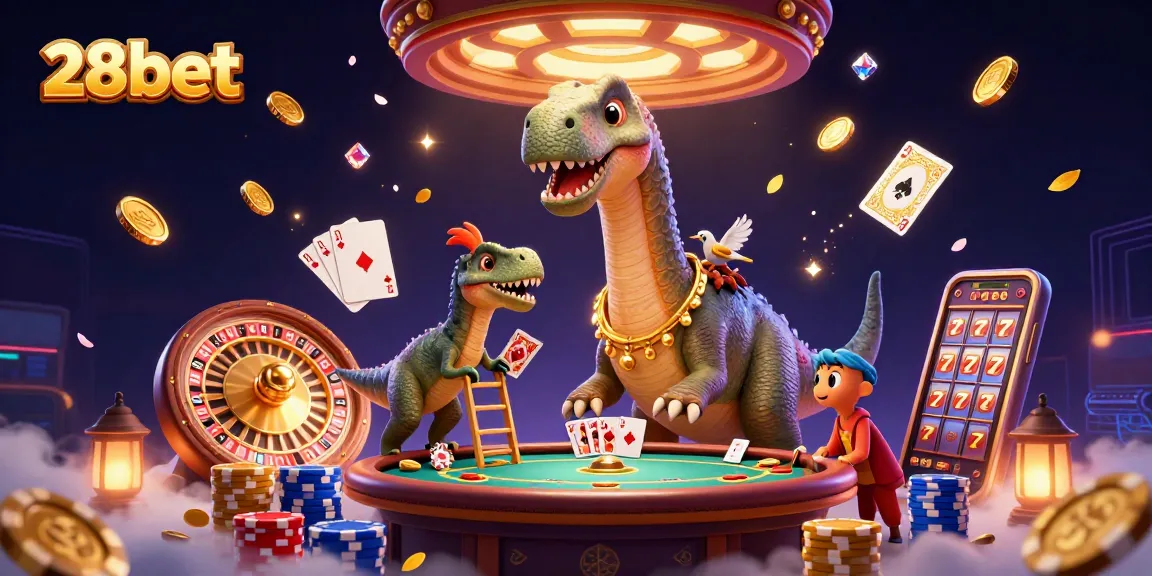 Experience thrilling gaming action at 28bet casino, featuring fun characters at an exciting poker table.