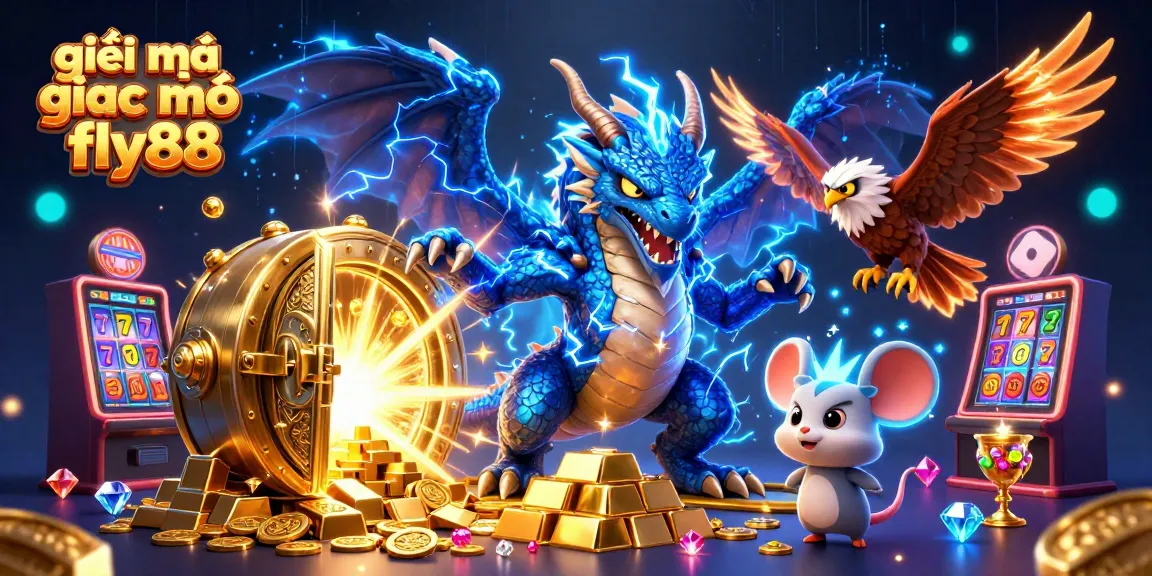 Engaging illustration representing giải mã giấc mơ fly88 with a powerful thunder dragon and casino elements.