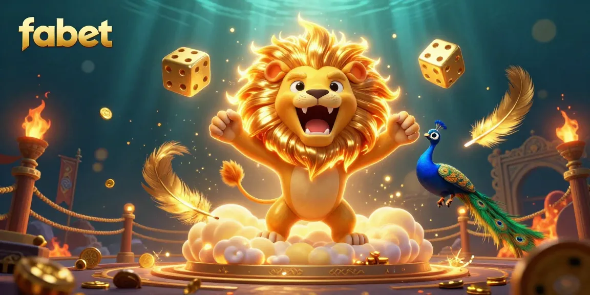 Experience thrilling gameplay at fabet with a dynamic 3D illustration featuring a roaring sun lion and golden dice.