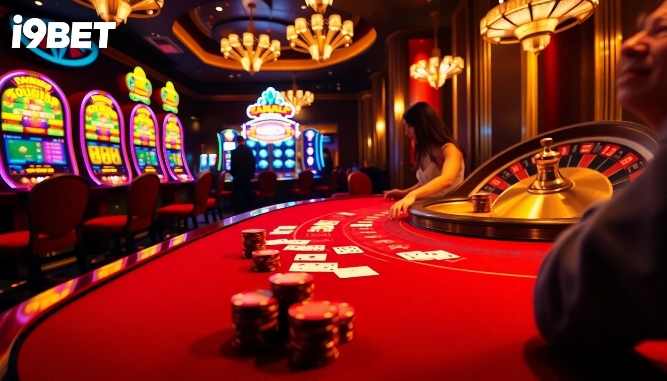 I9BET offers thrilling casino gameplay with vibrant tables and excited players at blackjack.