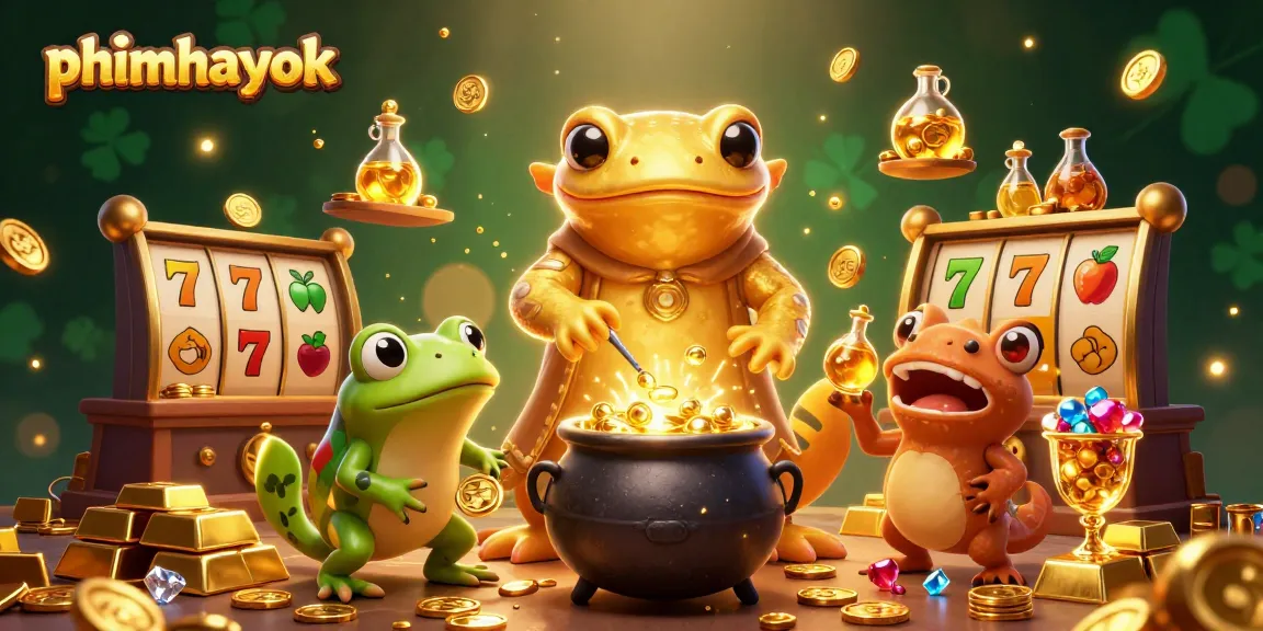 phimhayok showcases a vibrant 3D cartoon scene with a golden salamander alchemist, slot reels, and sparkling treasures