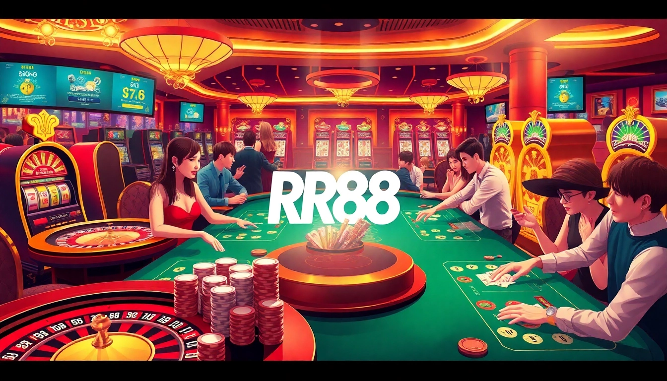Exciting RR88 casino scene featuring players at roulette tables, poker chips, and vibrant slot machines.