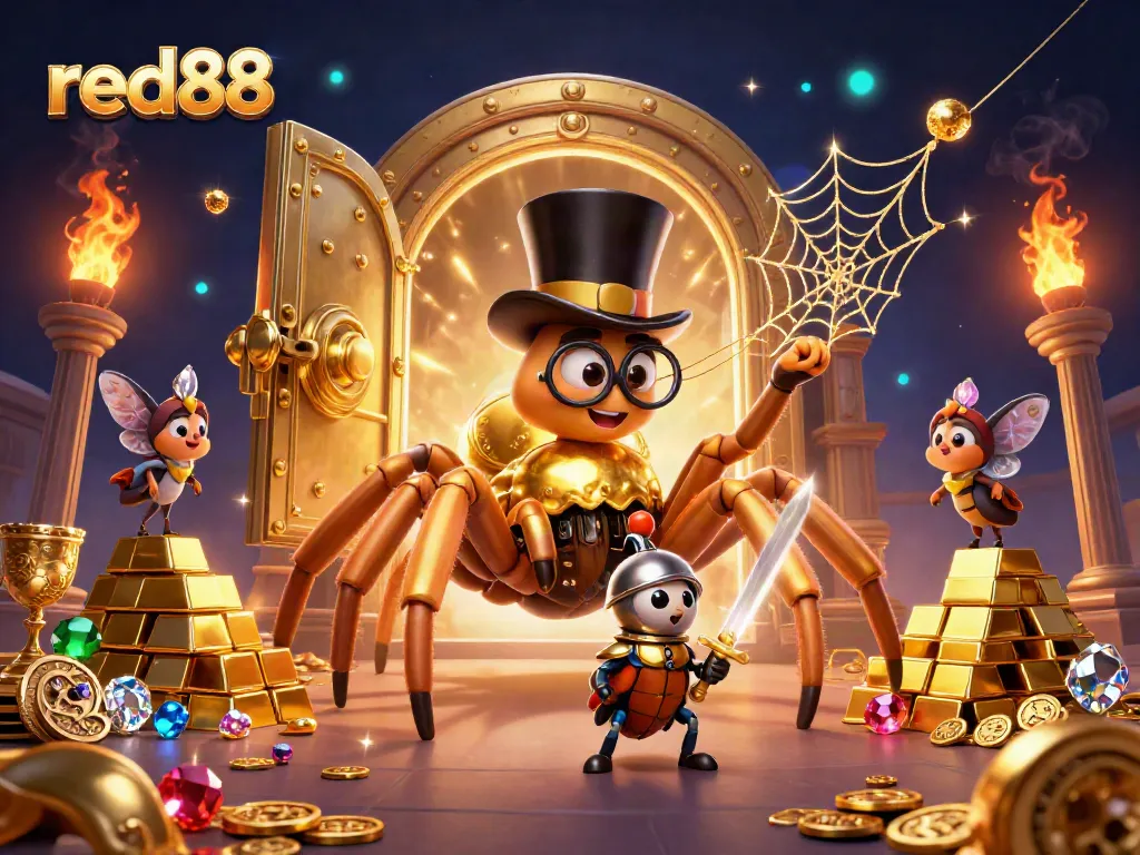 Experience excitement with red88's vibrant casino adventure featuring a golden tarantula and beetle knight.