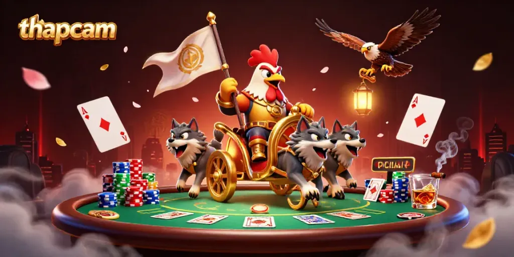 Engage with thapcam's thrilling online casino experience featuring a magical battle scene of a rooster warlord.