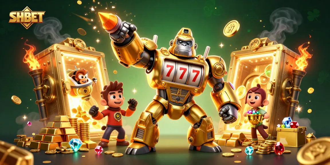 Experience SHBET excitement with a golden gorilla mech amidst jackpots and treasures.