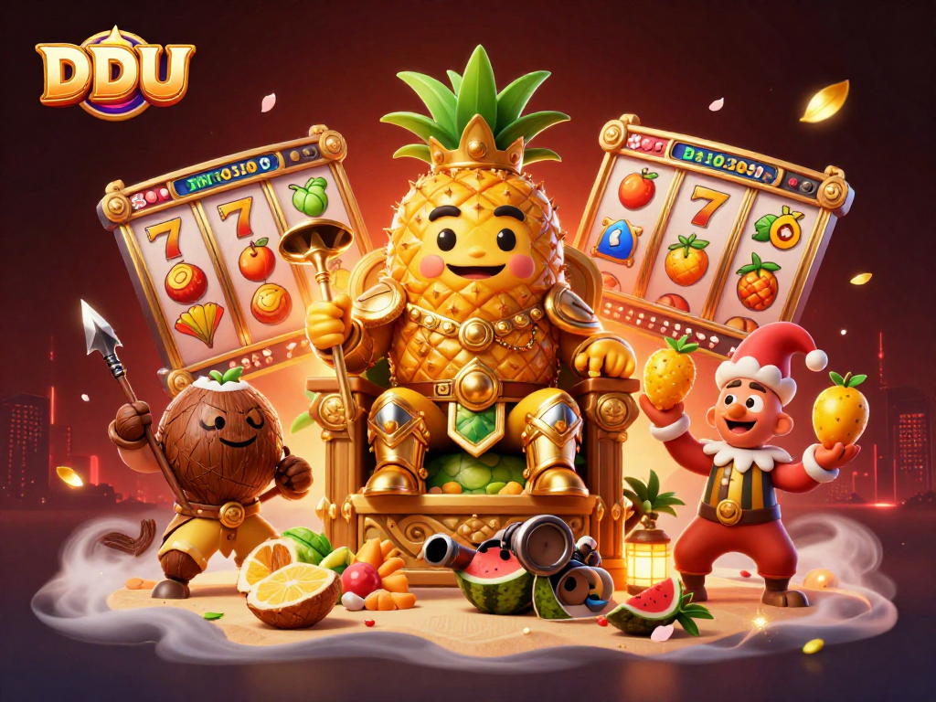 Experience thrilling slots with DDUU's vibrant casino-themed illustration featuring a golden pineapple king.
