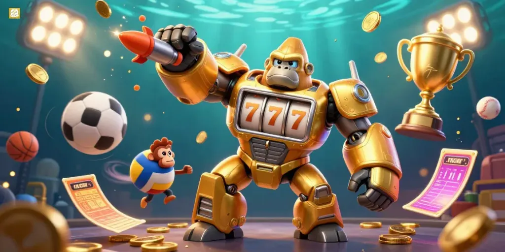 Engage with AO88 as the golden gorilla mech, surrounded by animated sports balls and vibrant casino elements.