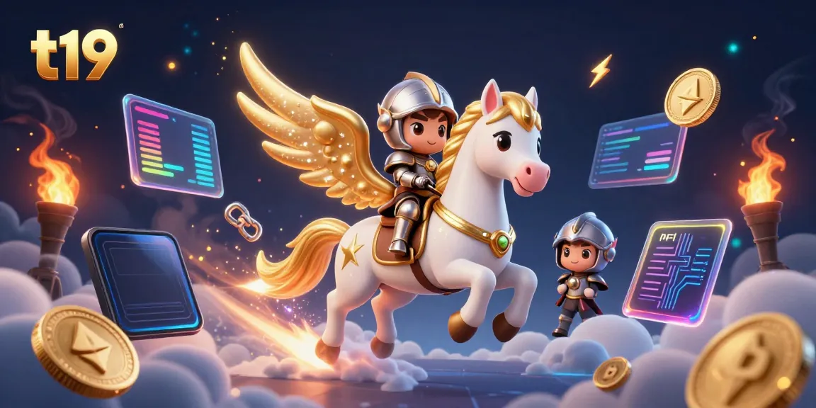 Experience thrilling gaming on t19 with a celestial horse and knight amidst crypto coins in a vibrant casino scene.