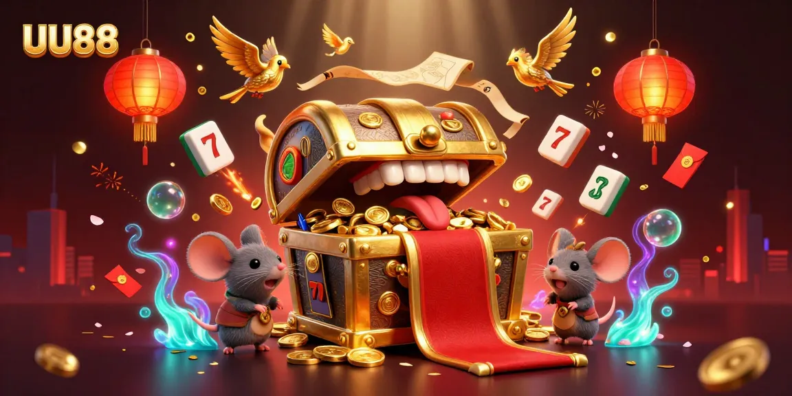 Engage with UU88's vibrant 3D illustration of treasure, slots, and rich casino excitement