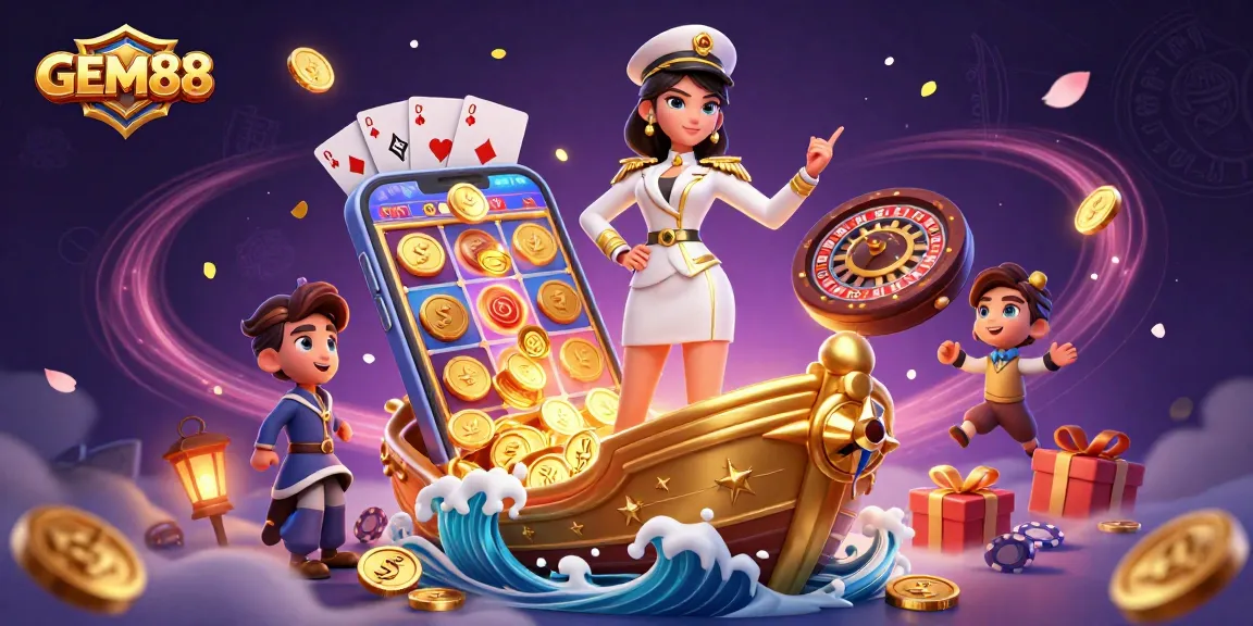 Experience the thrill of GEM88 with vibrant casino elements and an Asian casino officer among gold coins and games.