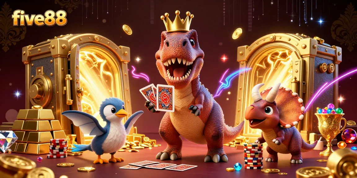 Experience thrilling casino moments with five88 in this vibrant 3D illustration featuring playful dinosaur characters.