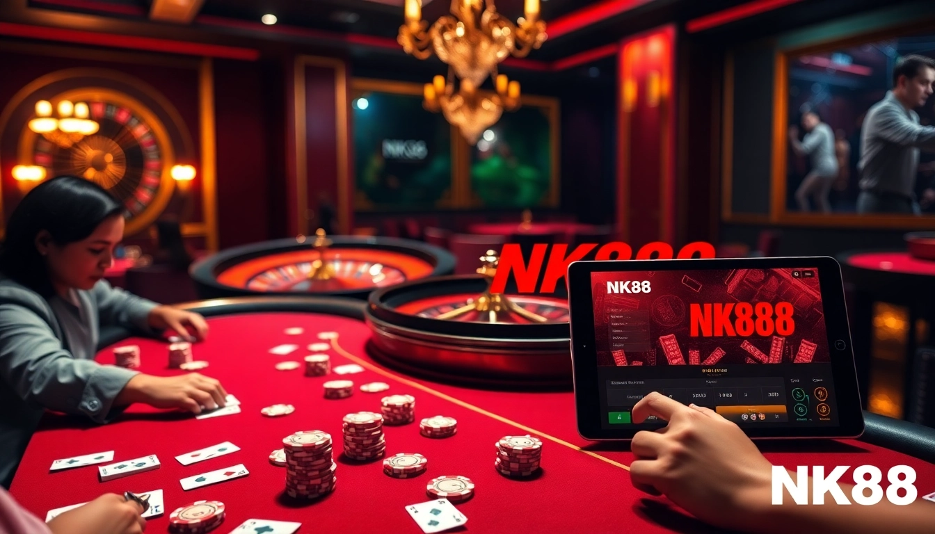 Players enjoying a poker game at NK88, featuring vibrant casino elements and an engaging atmosphere.
