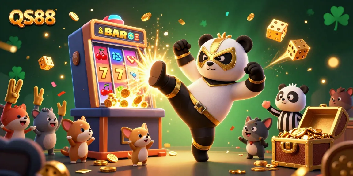 Experience the excitement of QS88 slots with a 3D panda wrestler kicking into a jackpot explosion!