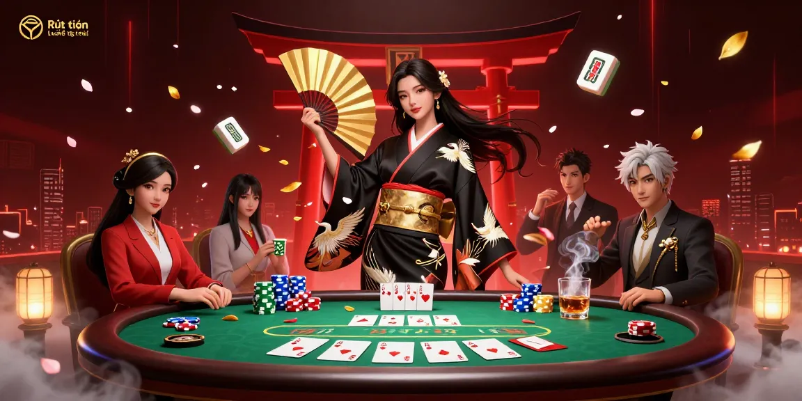 Engage in Rút tiền Luck8 tức thì as a beautiful Asian woman celebrates wins at a vibrant casino scene.