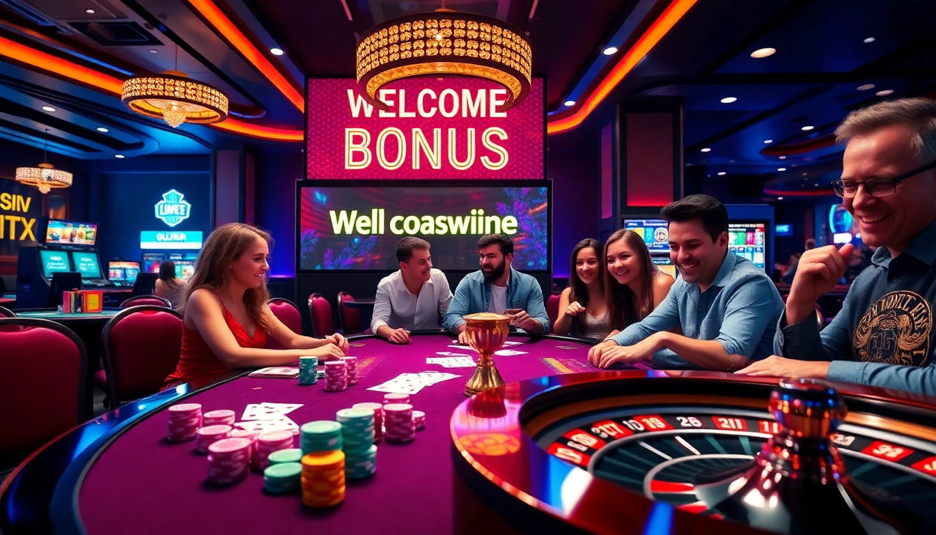 Experimente a emoção do bônus de boas-vindas de cassino com visuais de cassino vibrantes cheios de fichas de poker e uma roleta.