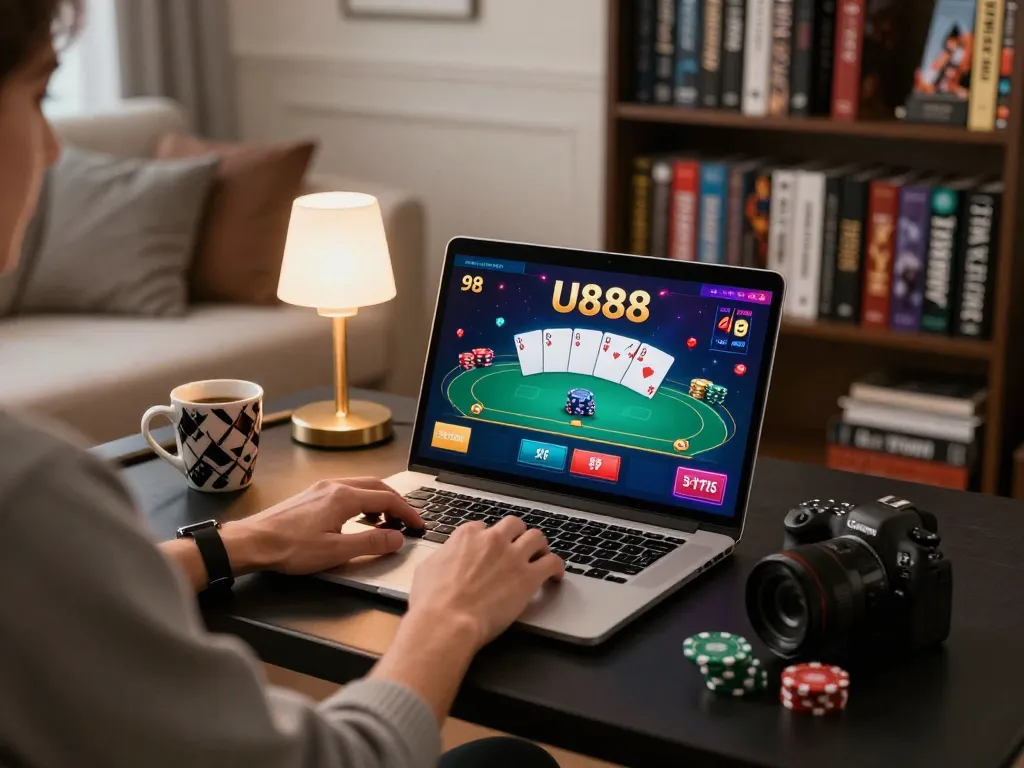 Engaging U888 poker gameplay scene showing a player immersed at their home setup with laptop and strategy notes.