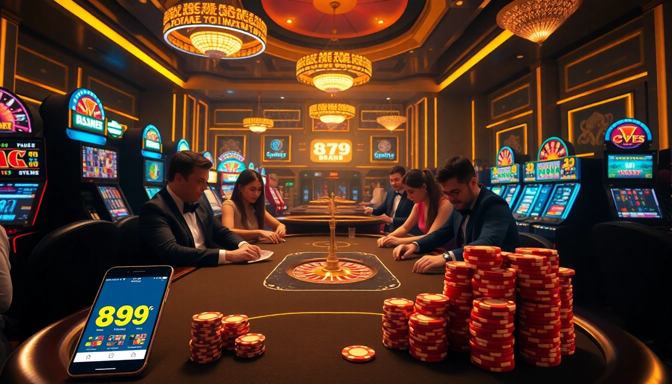 Jogadores engajados elaborando estratégias na mesa de pôquer de luxo da 89e, sob as luzes vibrantes do cassino.