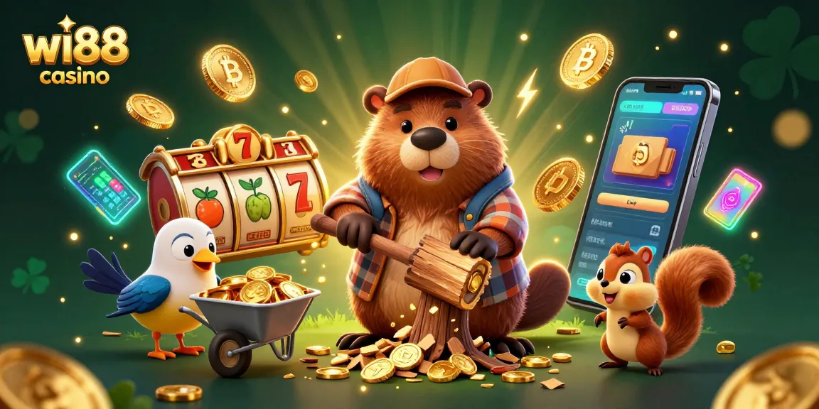 Experience the excitement at wi88 casino with cartoon beaver amidst golden coins and slot elements