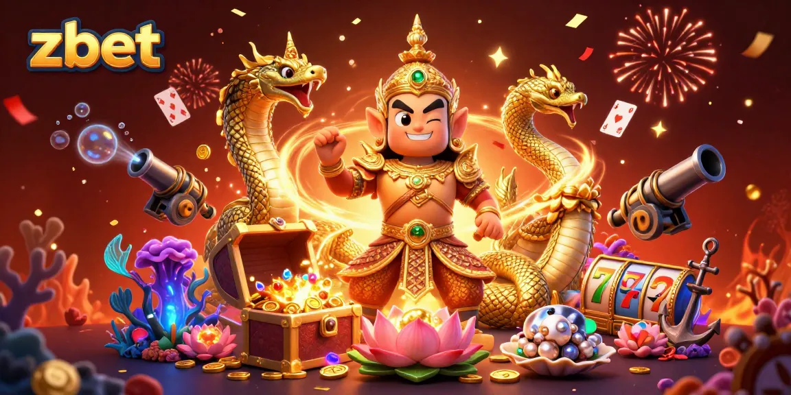 Experience the thrill of zbet with a vibrant 3D scene featuring a Thai guardian, gold treasures, and slot elements.