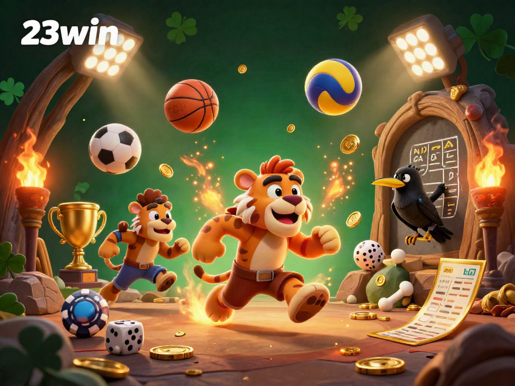 Engage with 23win’s dynamic gaming experience featuring a caveman duo and a clever crow in an energetic prehistoric casino.