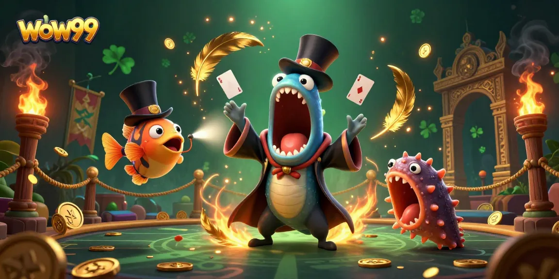 Bermain wow99 dengan cara baru, gulper eel melakukan trik kartu di arena yang megah.