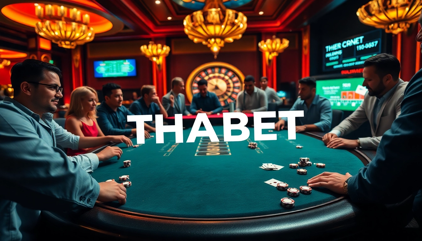 Players strategizing at the THABET poker table with vibrant casino elements.
