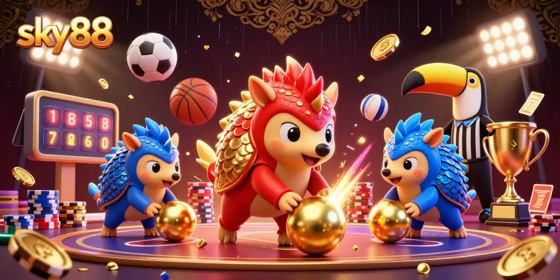 Experience thrilling gaming action with sky88's vibrant casino adventure featuring dynamic pangolins and sports elements.