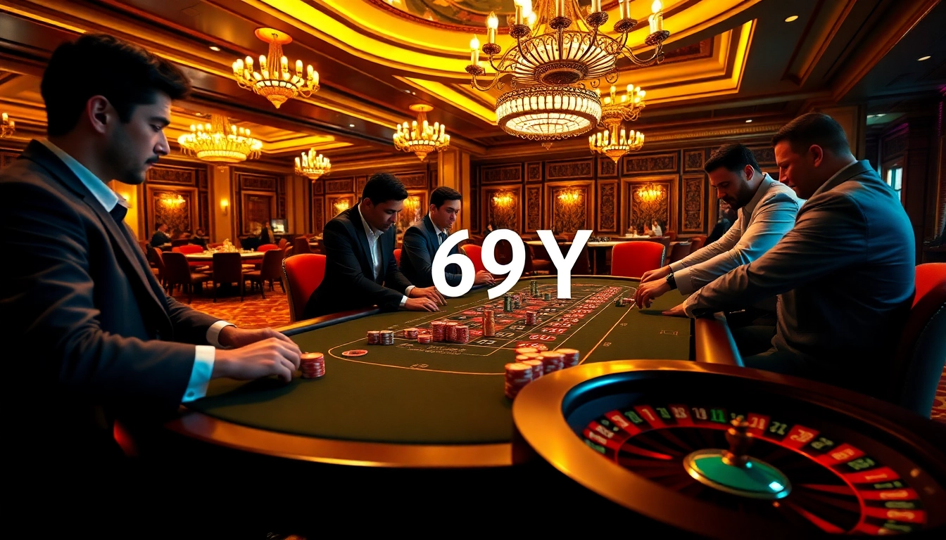 Jogadores estrategizando à mesa de pôquer em um cassino luxuoso, com fichas e cartas 69Y.
