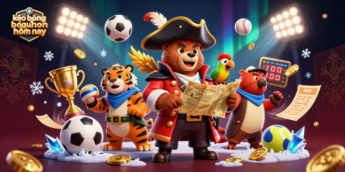 Bet on today's "kèo bóng đá hôm nay" with a vibrant and dynamic sports betting scene featuring a pirate captain bear.