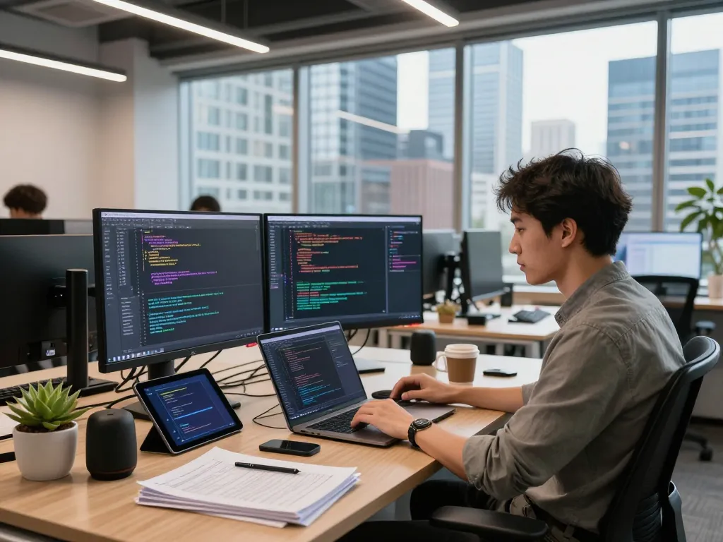 Software engineer using hbet development tools in a modern office, showcasing coding on dual monitors with vibrant interface.