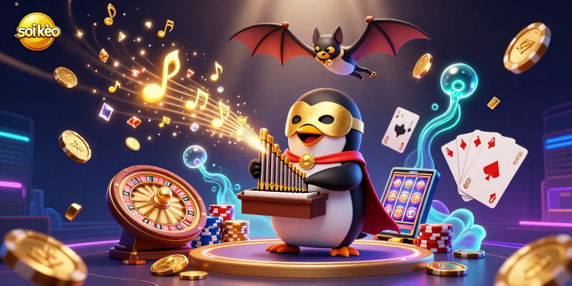 Engage with soi kèo in a thrilling 3D carnival of casino excitement amidst golden musical notes and festive elements.
