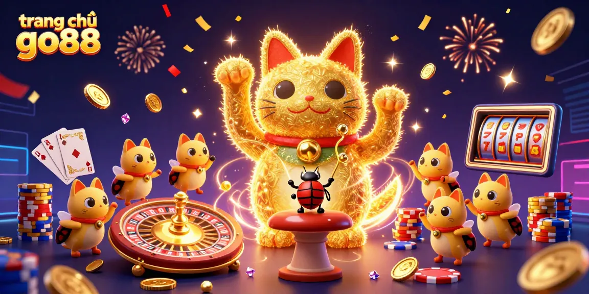 Experience the excitement at trang chủ go88 with a vibrant 3D lucky cat surrounded by casino elements.