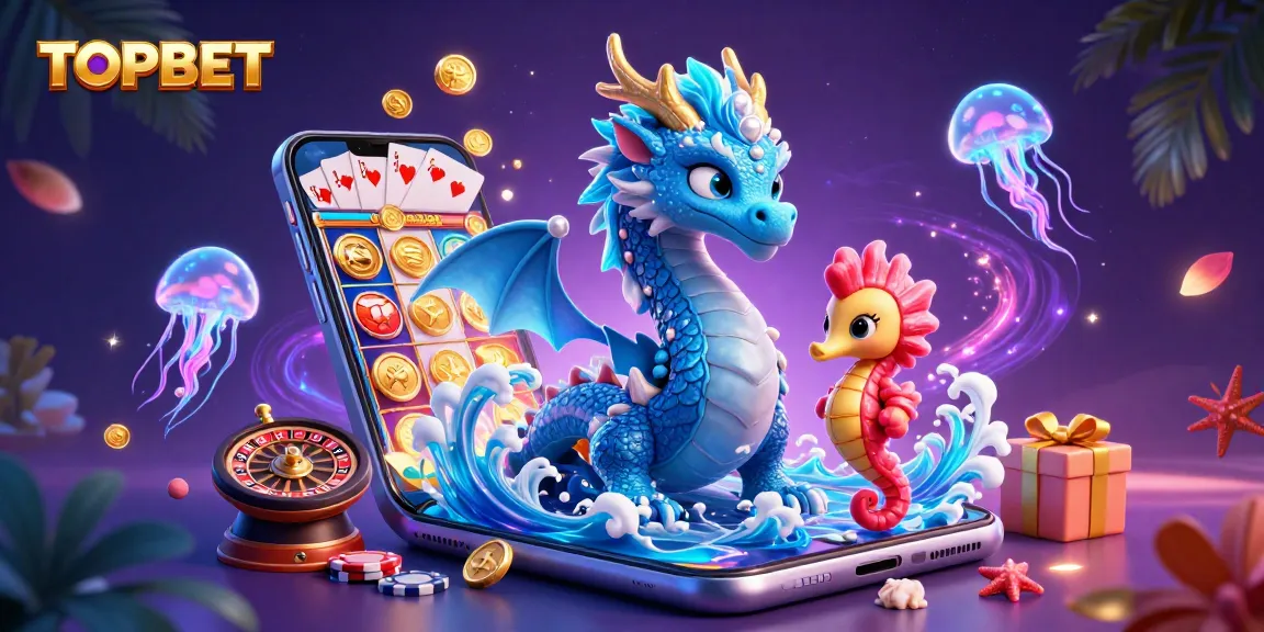 Engage with TOPBET's thrilling gaming scene featuring a majestic water dragon and casino elements.