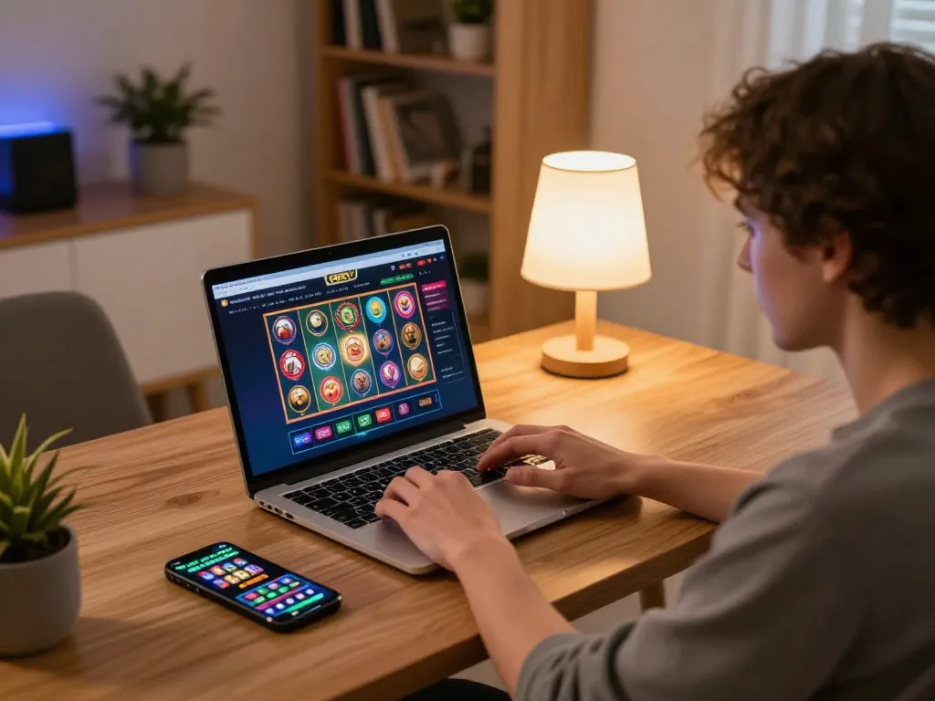 Engaging online gaming scene with 688v casino interface on laptop and smartphone, creating a cozy atmosphere