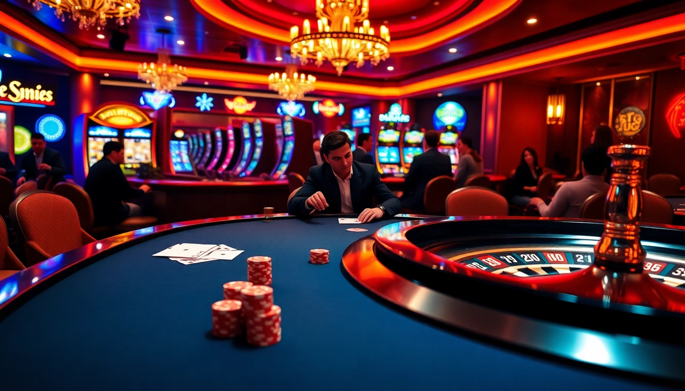 L567 casino scene featuring vibrant poker chips, roulette wheel, and engaged players immersed in online gaming.