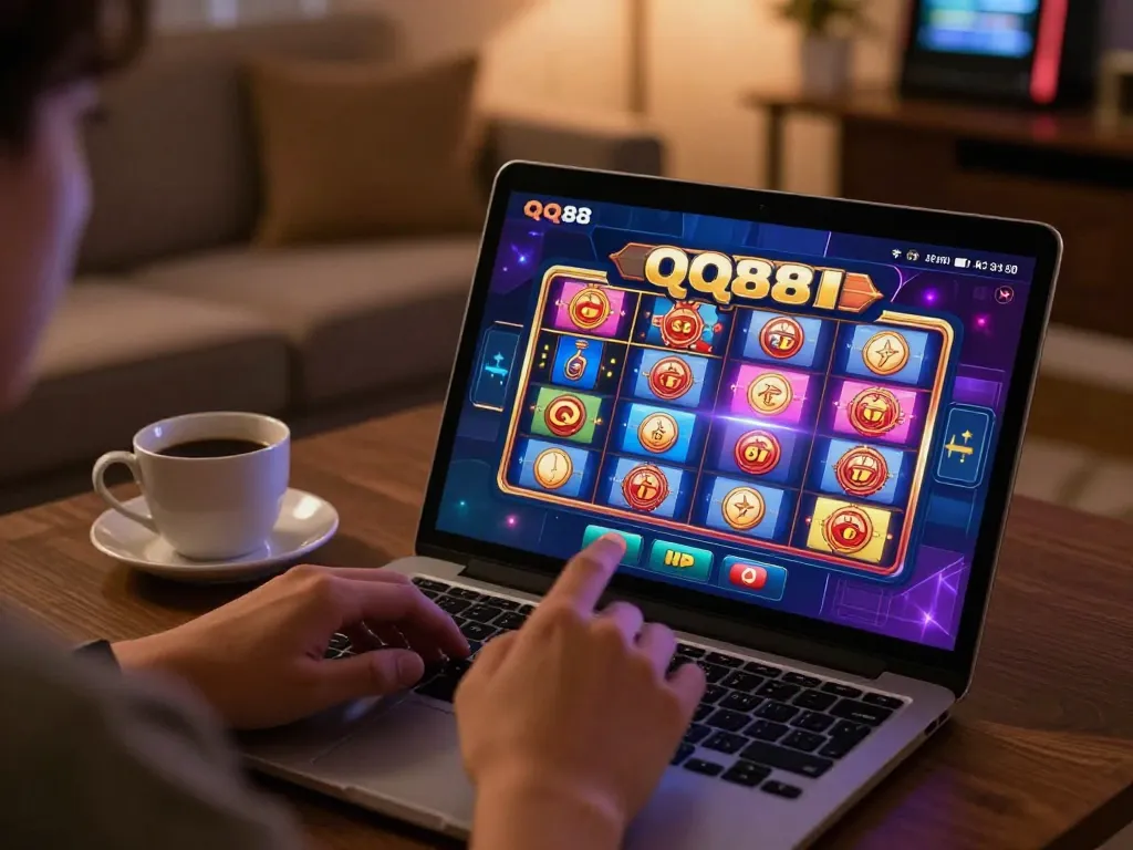 Player enjoying slot games on QQ88 mobile app in a cozy home environment