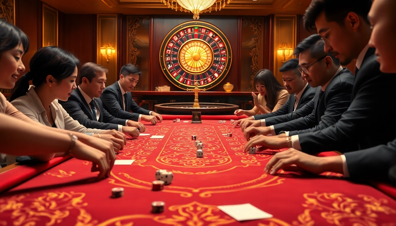 Tài xỉu sunwin players celebrating their dice rolls at a luxurious casino table.