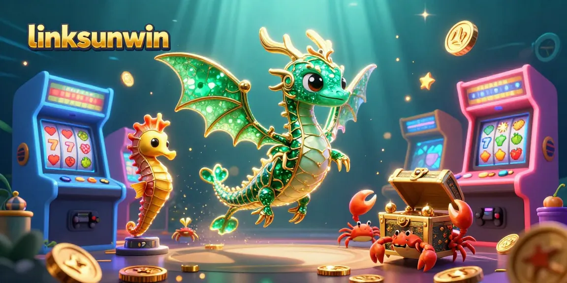 Engage with linksunwin in this vibrant 3D casino scene featuring a sea dragon and treasure.